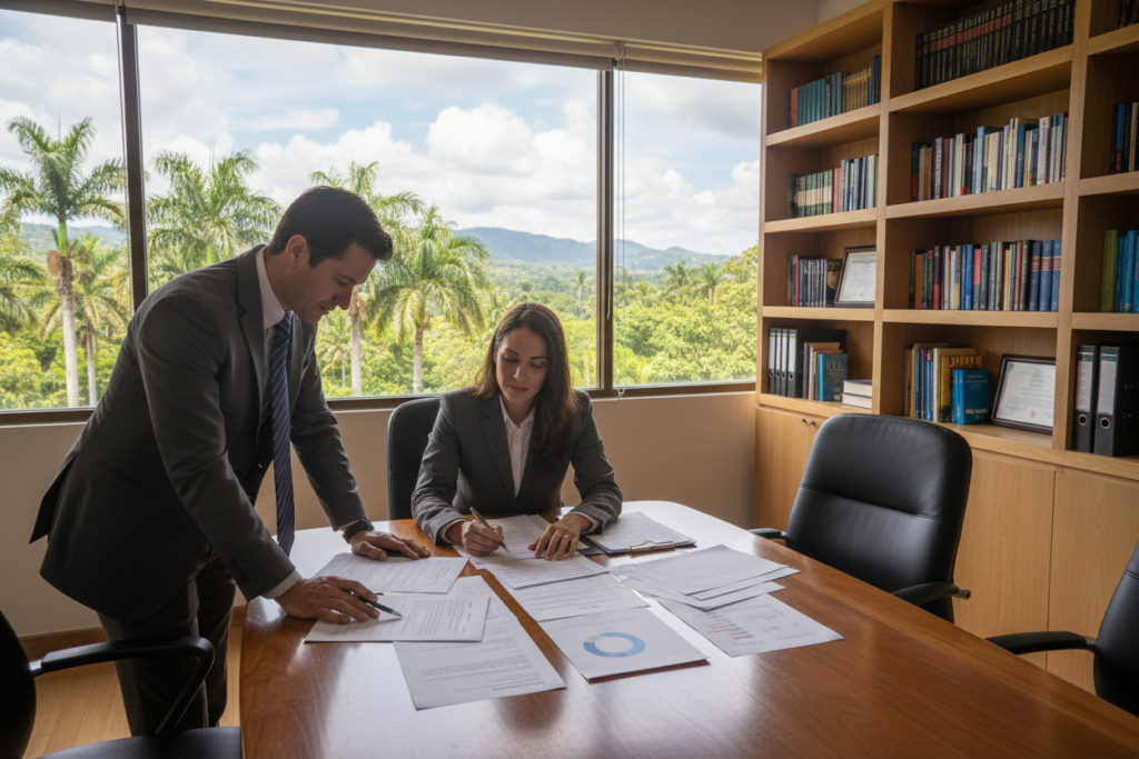 A well-organized office scene in Costa Rica, showcasing a professional working atmosphere aimed at avoiding foreclosure. In the foreground, a diverse group of two business professionals, a man and a woman, dressed in business attire, carefully reviewing property documents spread across a sleek conference table. The middle ground features a large window revealing a lush green landscape typical of Costa Rica, with palm trees swaying gently in the breeze. Soft, natural light filters into the room, creating an inviting atmosphere. A modern bookshelf filled with real estate and finance books lines the background, emphasizing a disciplined approach to underwriting. The overall mood is focused and determined, reflecting professionalism and strategy in financial decision-making.