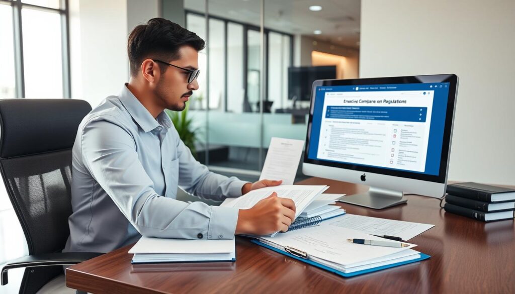 Business professional reviewing compliance documents with SUGEF regulations and checklists Business professional reviewing compliance documents with SUGEF regulations and checklists