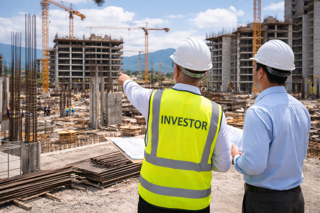 Investment professionals reviewing a large construction project in Costa Rica