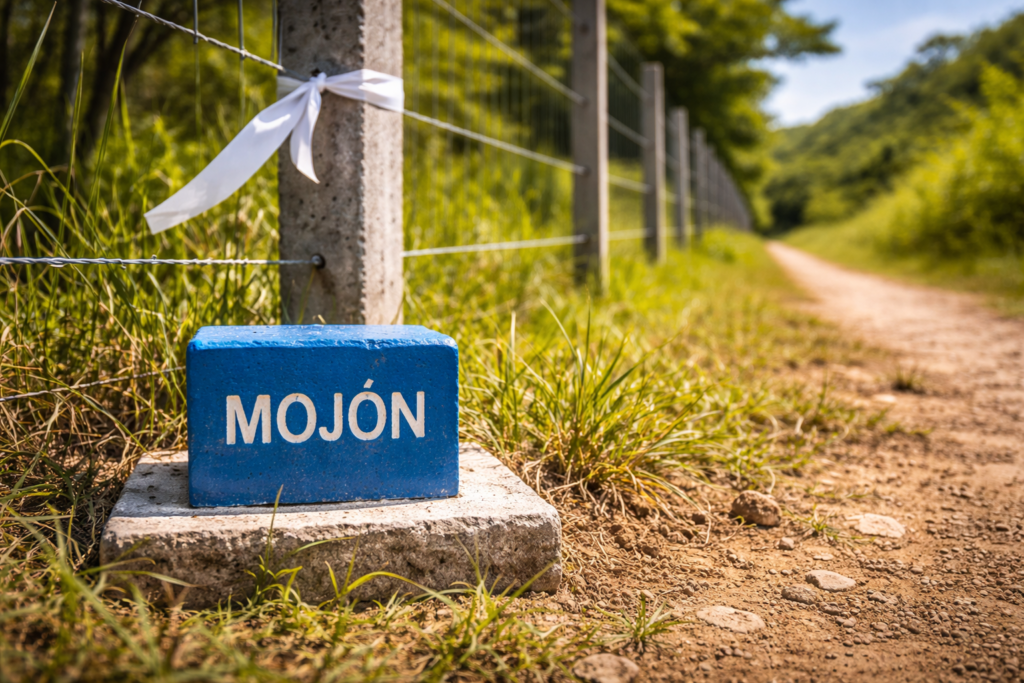 Blue boundary marker and fence line showing property limits in Costa Rica