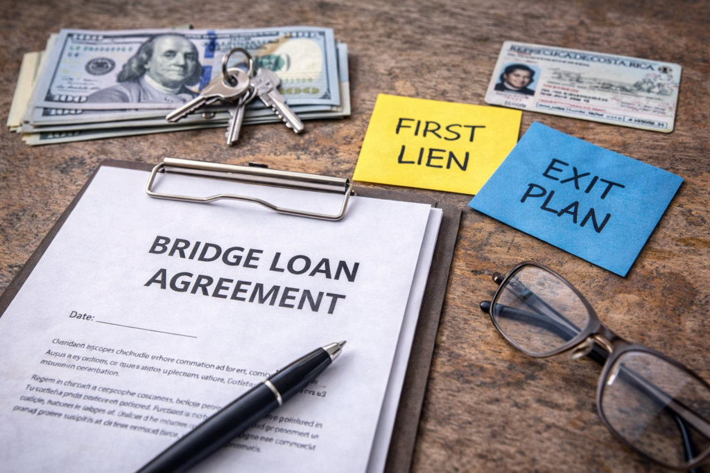Bridge loan agreement document with US dollars, keys, and exit plan note