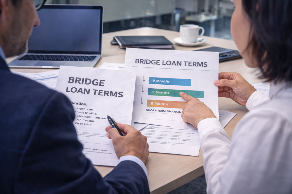 Two professionals reviewing bridge loan terms and duration chart in office