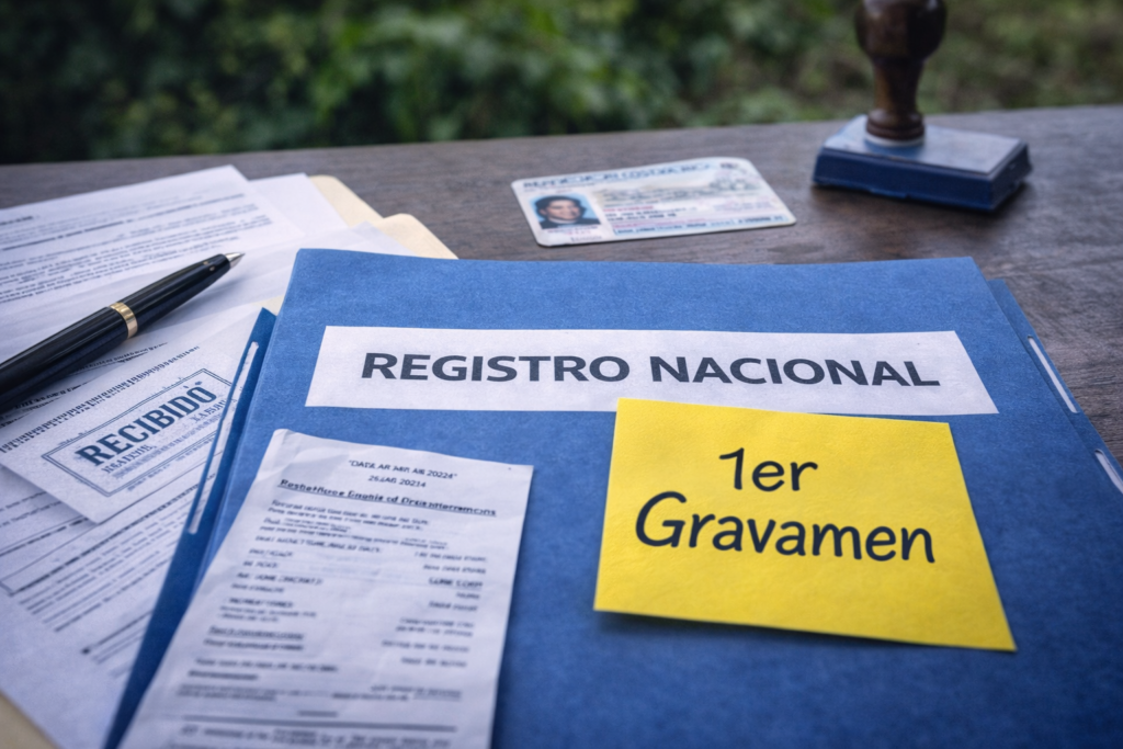 Registro Nacional folder with first lien note on outdoor desk