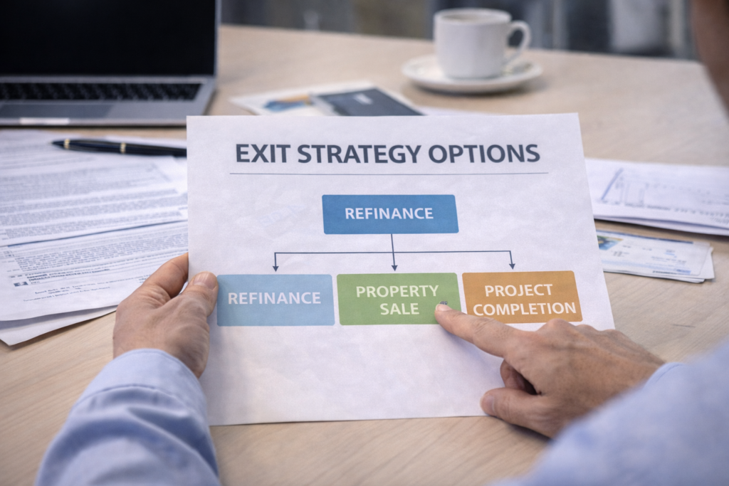 Professional reviewing exit strategy document with refinance and property sale options