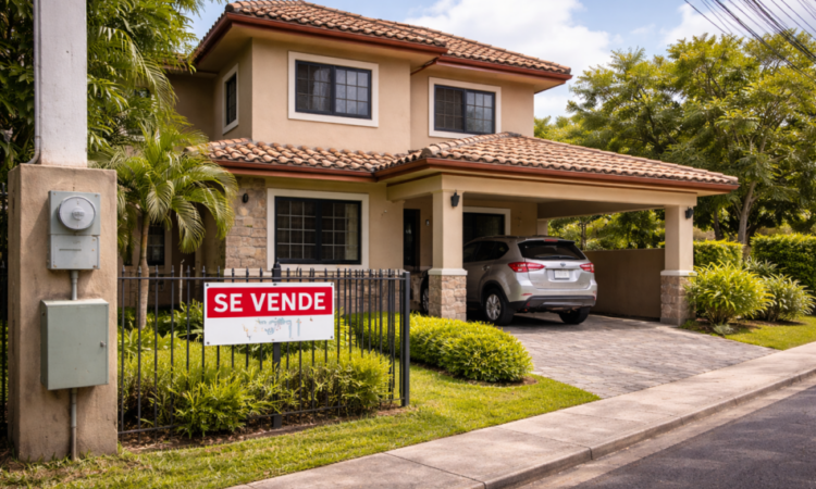 Two-story Costa Rican suburban home with carport and exterior electric meter visible from the street