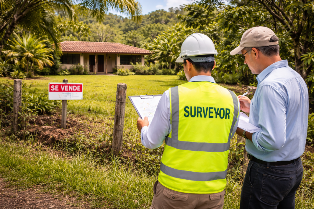 Property surveyor and reviewer examining rural Costa Rican home with documentation