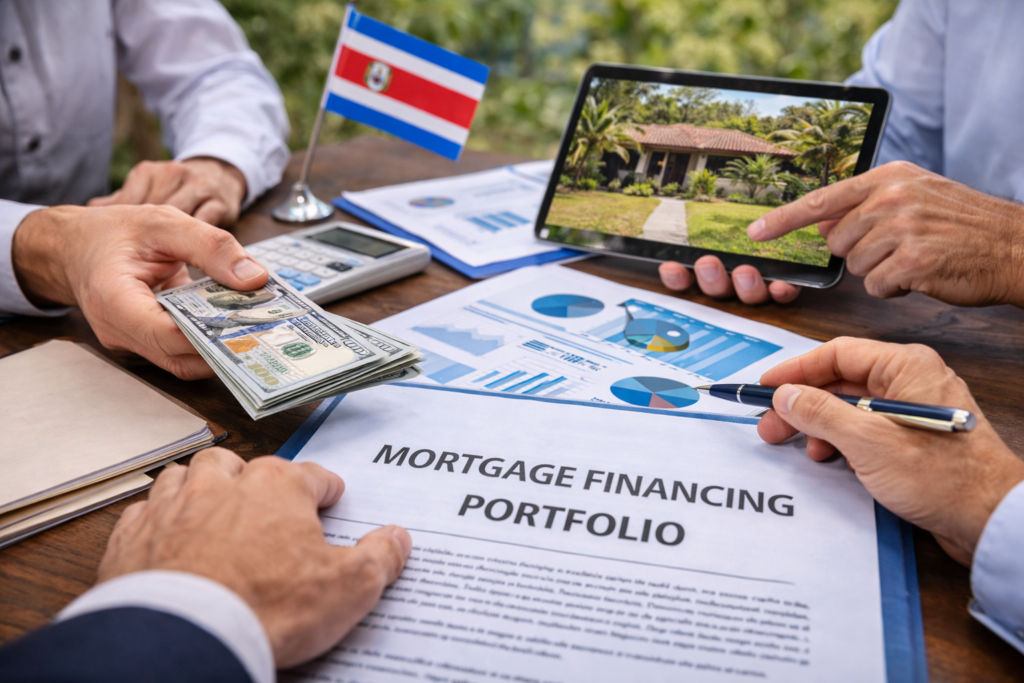 Professionals reviewing mortgage financing portfolio documents with Costa Rican flag and tablet