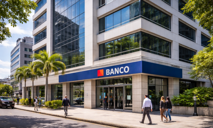 Modern mid-rise office building in Costa Rica with a street-level Spanish bank sign and pedestrians