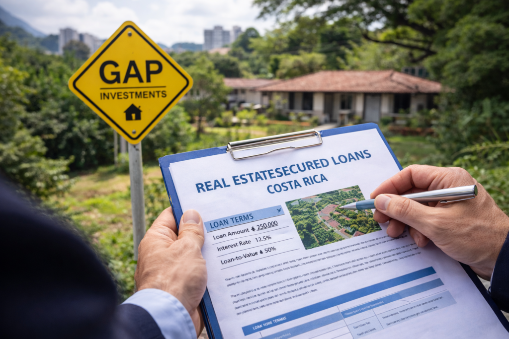 Hands holding a clipboard with real estate secured loan terms outdoors in Costa Rica with a yellow sign in the background