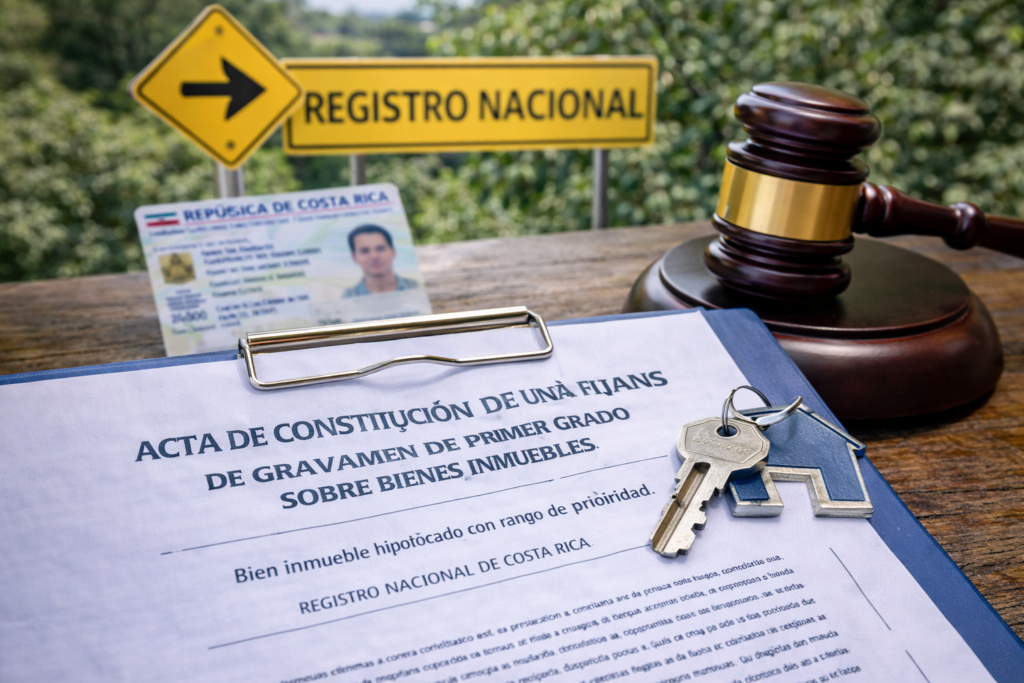 Costa Rican mortgage contract on a clipboard with house keys and a gavel on an outdoor wooden surface