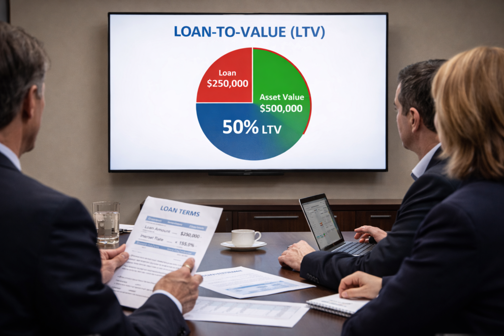 Professionals reviewing loan-to-value presentation in a modern meeting room