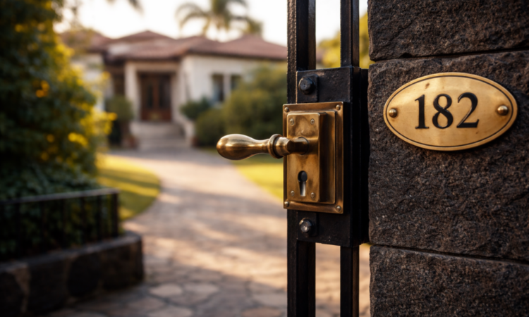 Brass gate latch and house number on a gated residential property entrance