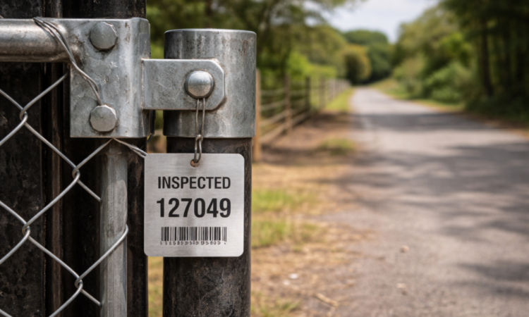 Metal property gate hinge with numbered inspection tag at a rural entrance