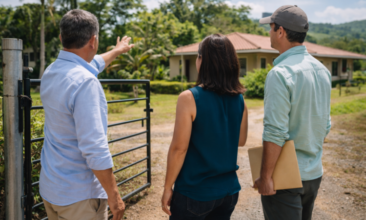Three people standing at a residential property gate discussing the site outdoors