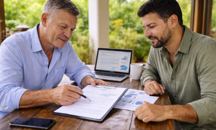 Two professionals reviewing an income-generating mortgage loan agreement in Costa Rica.