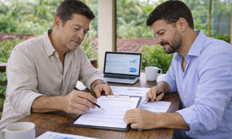Two professionals reviewing an investor mortgage loan agreement in Costa Rica.