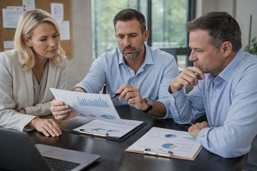 Professionals analyzing financial charts and reports during credit risk