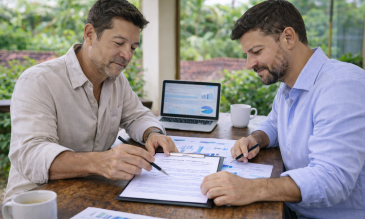 Private lenders reviewing real estate loan documents in Costa Rica.