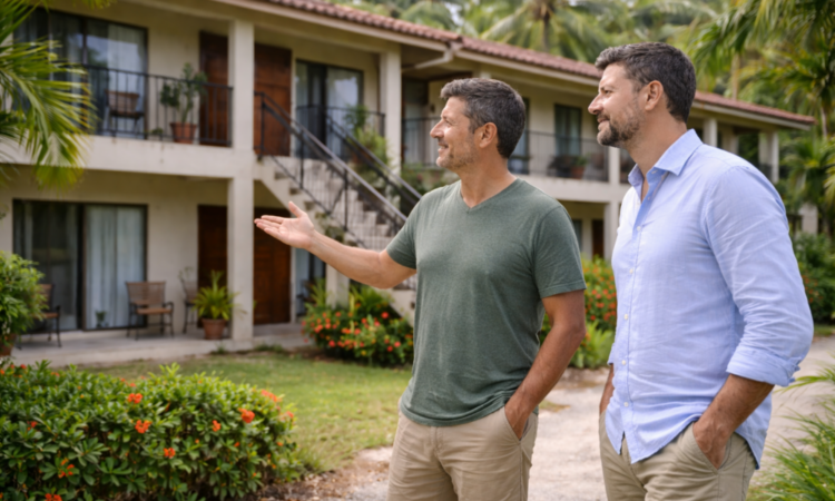 Property owner and private lender standing outside a multi-unit residential building in Costa Rica.