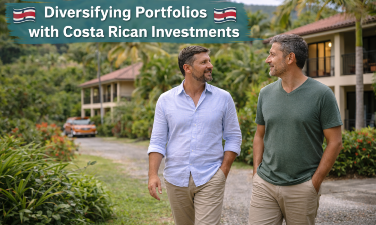 Two men walking together through a residential property area in Costa Rica.