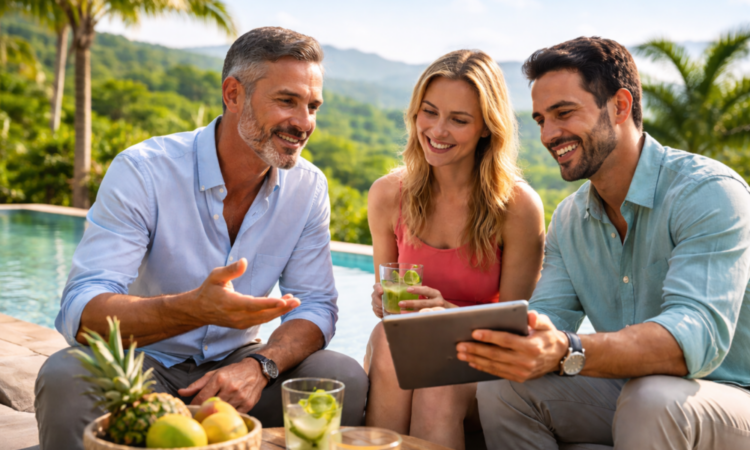 Three investors discussing portfolio decisions outdoors beside an infinity pool overlooking green hills in Costa Rica