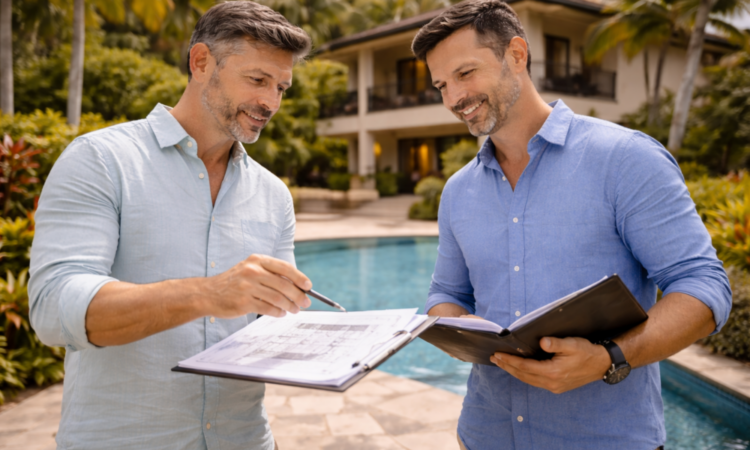 Two men standing outdoors reviewing a residential investment property.