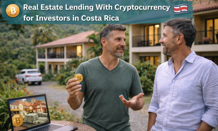 Two men standing outside a residential property discussing funding options.