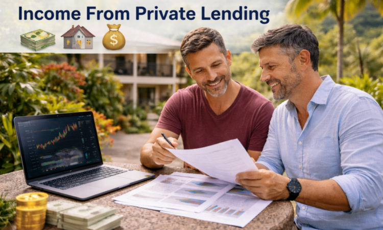 Two men sitting outdoors beside a residential property discussing private lending.