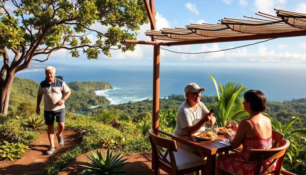 Foreign millionaires enjoying Costa Rica's Blue Zone lifestyle with outdoor activities and healthy living Foreign millionaires enjoying Costa Rica's Blue Zone lifestyle with outdoor activities and healthy living