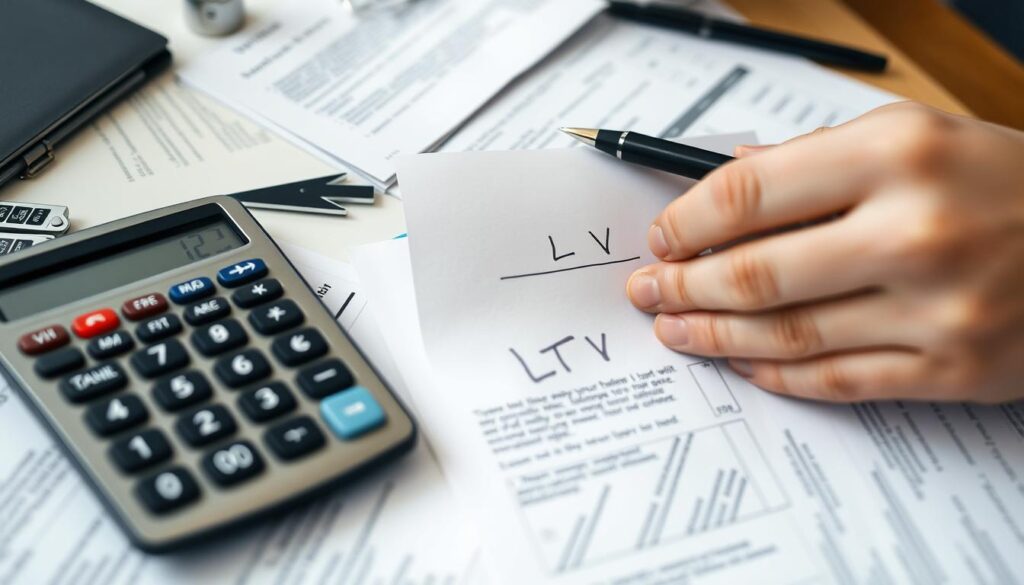 Person reviewing mortgage documents with Loan-to-Value ratio highlighted