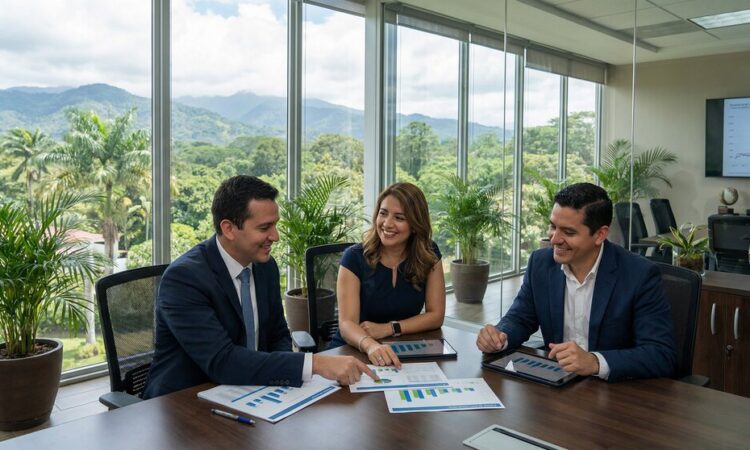 Professional investment advisors discussing private lending opportunities with clients in modern Costa Rican office with mountain views
