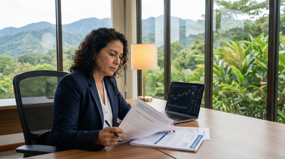Investment professional reviewing financial documents and property details at desk with Costa Rican mountain views