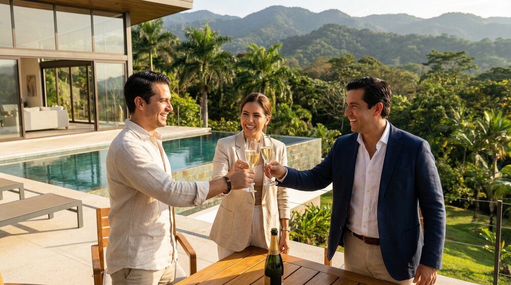 Successful investors celebrating investment success with champagne, beautiful Costa Rican property in background