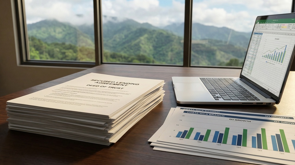 Secured lending documents with Costa Rica landscape 