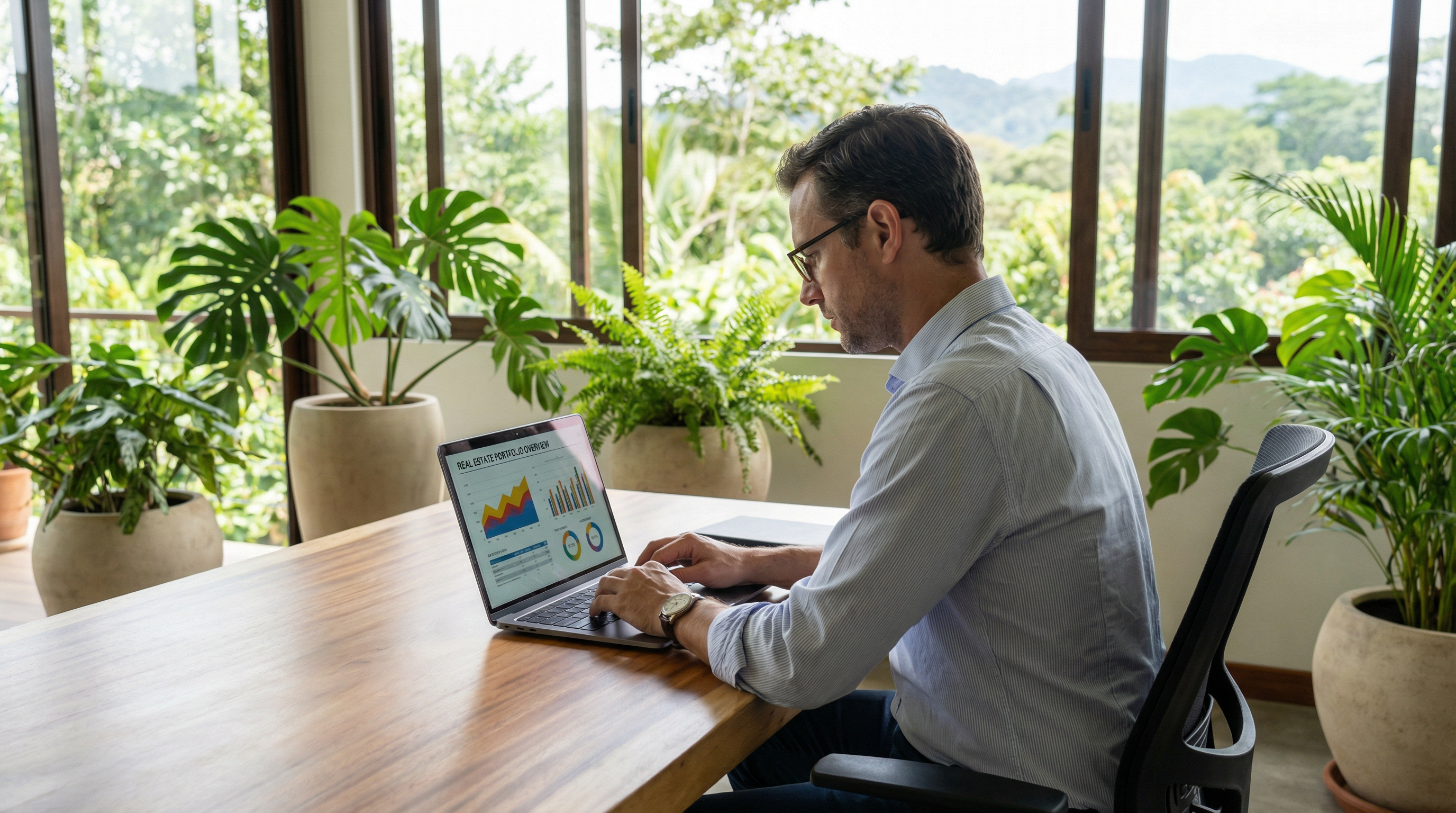 Investor reviewing portfolio in Costa Rica office 