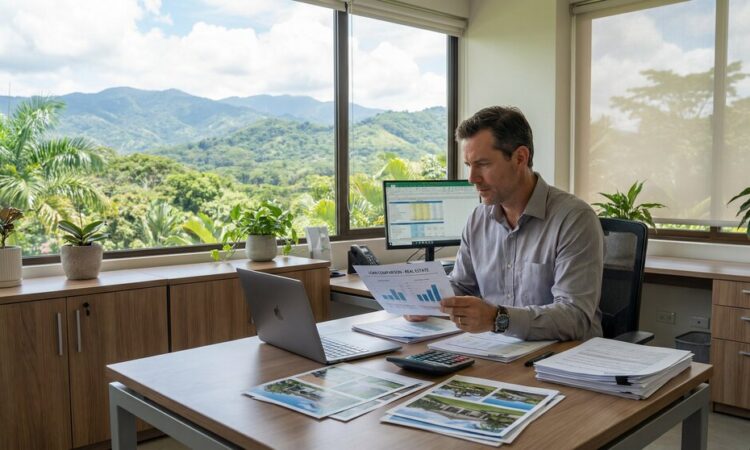 Professional investor analyzing real estate loan comparison documents with Costa Rican property and tropical mountains visible through windows.