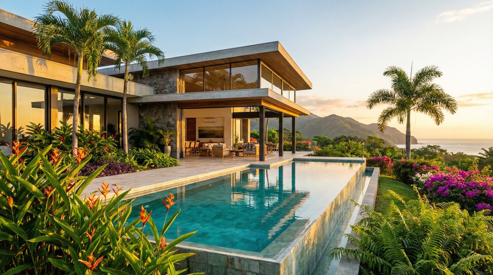 Luxury modern Costa Rican property with infinity pool, contemporary architecture, tropical landscaping, and mountain views in background.