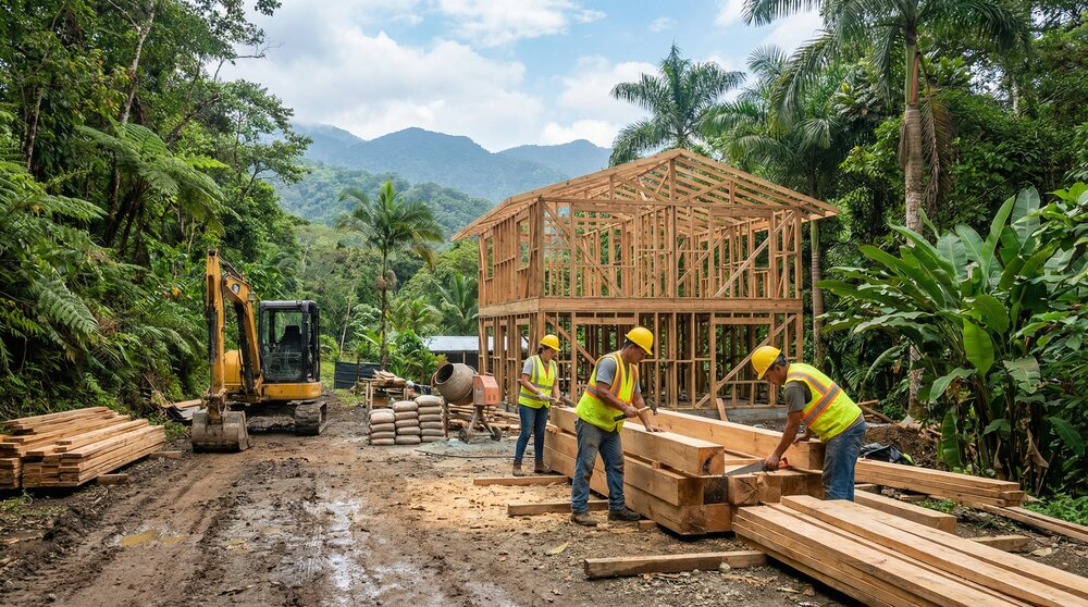 Active construction site with workers, wooden framing, construction equipment, surrounded by lush Costa Rican tropical rainforest and mountains.
