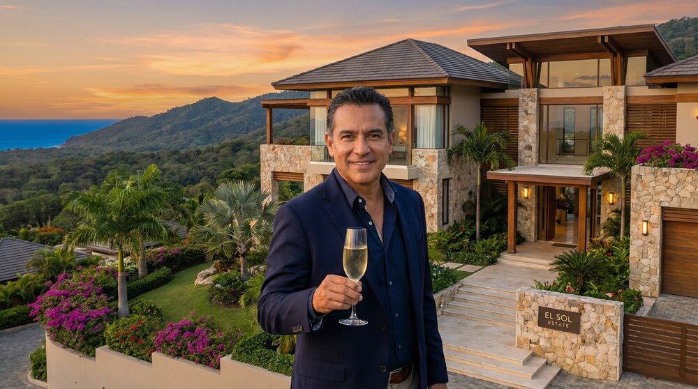Successful investor celebrating with champagne, beautiful completed Costa Rican property with tropical garden, ocean views, and palm trees.